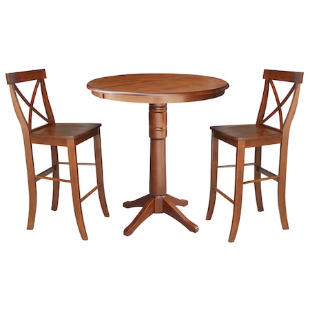 International Concepts Round 36 in Rd Extension Dining Table 40.9 inH, 2 X-Back Bar Ht Stools, Espresso, 36 in W, 48 in L K581-36RXT-27-S61332